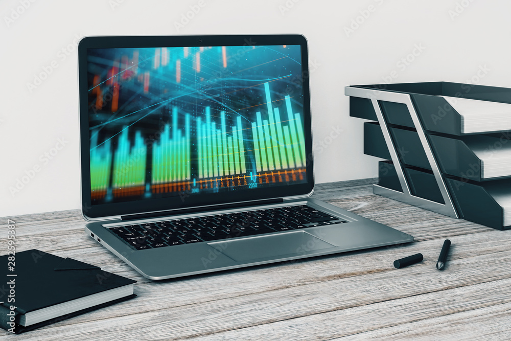 Laptop closeup with forex graph on computer screen. Financial trading and education concept. 3d rendering. Laptop closeup with forex graph on computer screen. Financial trading and education concept. 3d rendering.