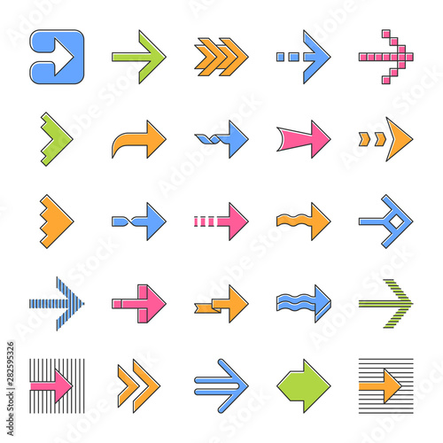Arrow types color icons set. Wavy  notched  striped double  arrowheads. Dotted  twisted  dashed next arrows. Right pointing sign. Navigation symbol. Direction move. Isolated vector illustrations