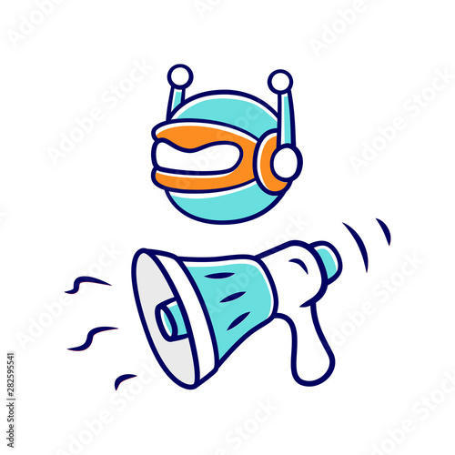 Propaganda bot color icon. Spam attack. Marketing campaign. Robot spread disinformation. Artificial intelligence. Automated propaganda. Social media bot. Isolated vector illustration