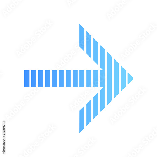 Striped blue arrow flat design long shadow color icon. Arrowhead indicating rightward. Direction pointer. Navigation indicator sign. Cursor symbol. Orientation arrow. Vector silhouette illustration
