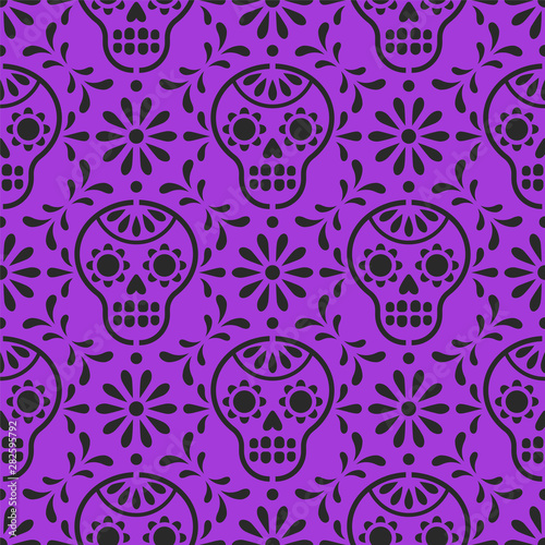 Dia de los Muertos. Vector seamless purple pattern with Mexican sugar skulls and flowers. Paper cutting imitation. 