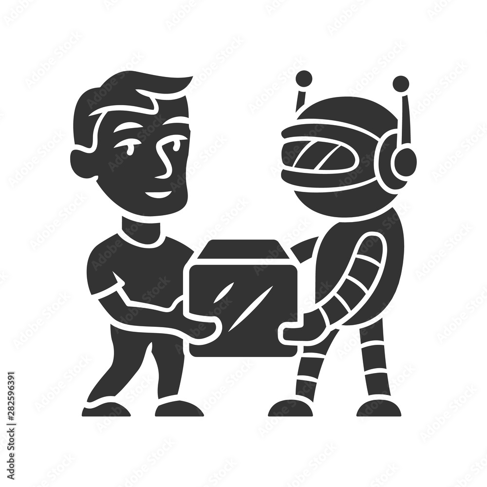 Transactional bot glyph icon. Artificial intelligence. Virtual assistance. Man and robot holding box. Modern robotic delivery service. Silhouette symbol. Negative space. Vector isolated illustration