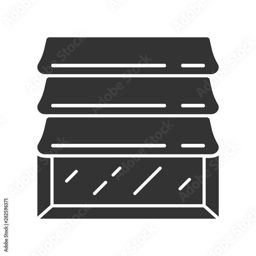 Roman shades glyph icon. Kitchen, bedroom, living room decor. House and office design. Home interior shop. Window covering, jalousie. Silhouette symbol. Negative space. Vector isolated illustration