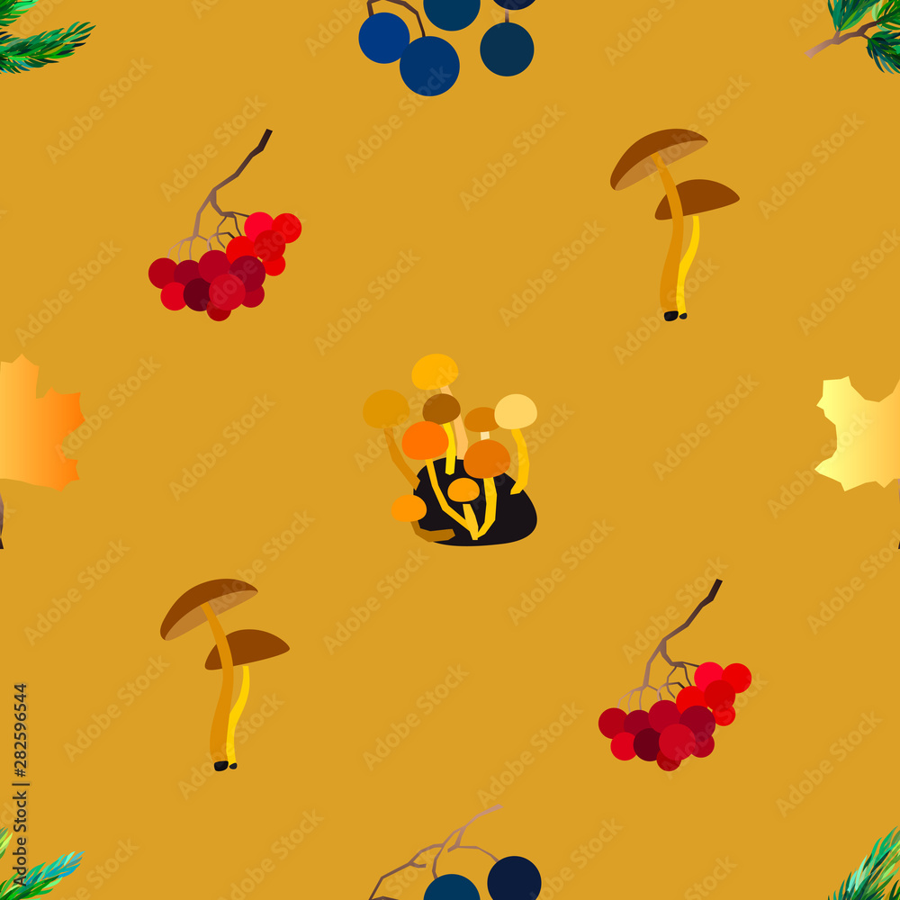 Autumn vector seamless pattern with berries, acorns, pine cone, mushrooms, branches and leaves. Autumn vector seamless pattern with berries, acorns, pine cone, mushrooms, branches and leaves.