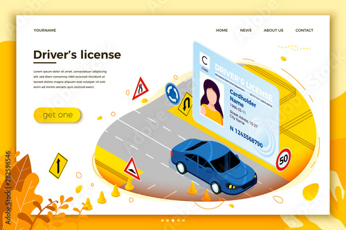 Vector concept illustration - Drivers license, car riding on a road with signs and cones. Modern bright banner, site template with place for your text.
