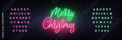 Merry Christmas neon design. Merry Xmas glowing neon lettering template