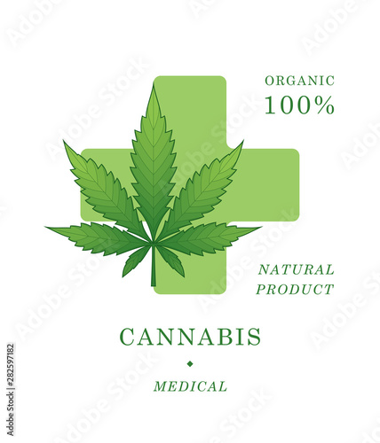 Основные Medical cannabis; Realistic leaf of marijuana and green medicinal cross; Vector design template for your products.RGB