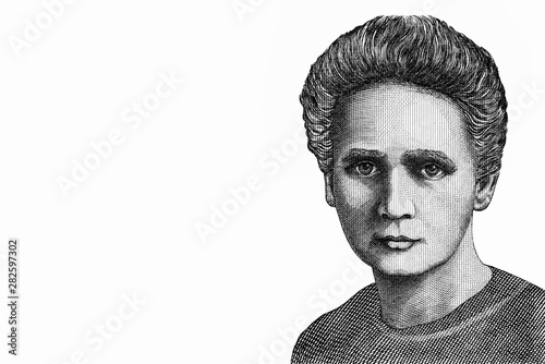 Marie Skłodowska Curie portrait. Poland 20,000 Zlotych banknote. was a Polish and naturalized-French physicist and chemist who conducted pioneering research on radioactivity. Collection. photo
