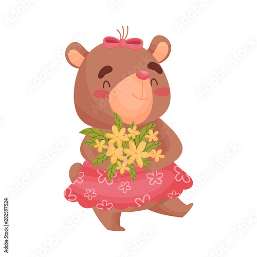 Girl bear carries a bouquet of flowers. Vector illustration on white background.