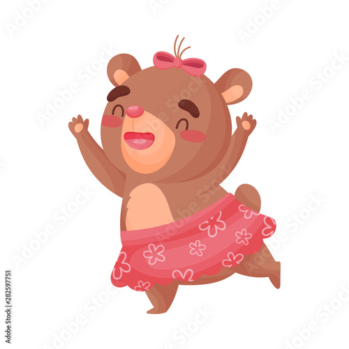 Humanized little bear girl runs holding her hands up. Vector illustration on white background.