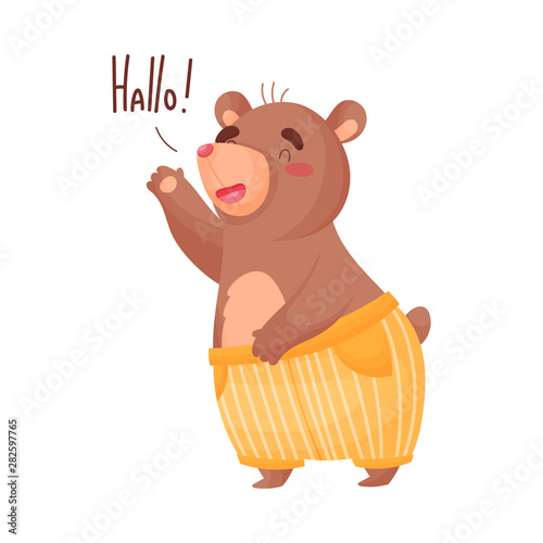Humanized bear welcomes you. Vector illustration on white background.