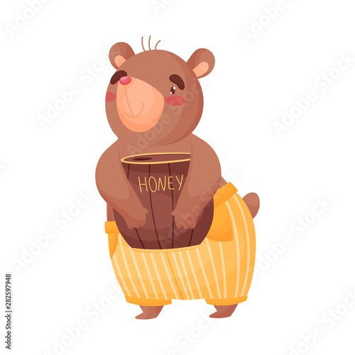 Humanized adult bear holds a barrel of honey. Vector illustration on white background.