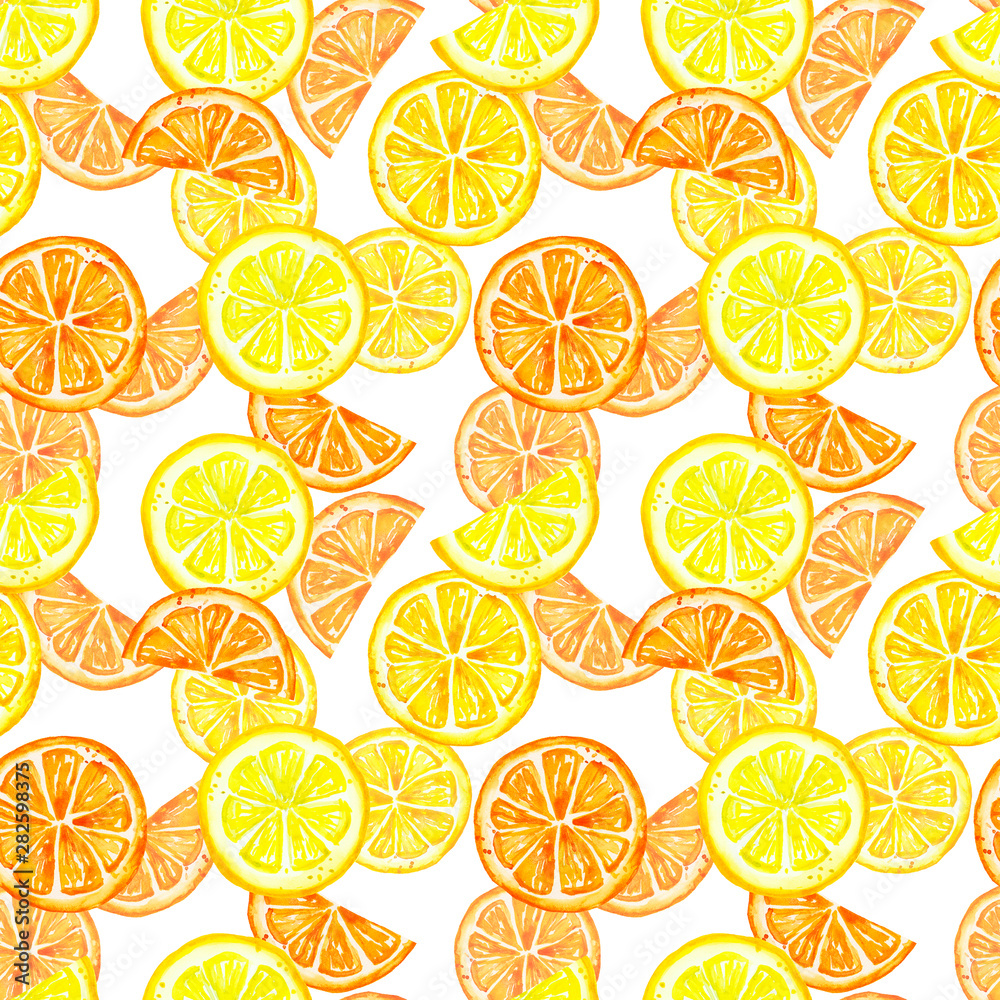 Watercolor citrus seamless pattern. Hand painted fresh ripe summer lemon fruits on white background. Oranges and lemons slices, isolated. Colorful healthy food art print.
