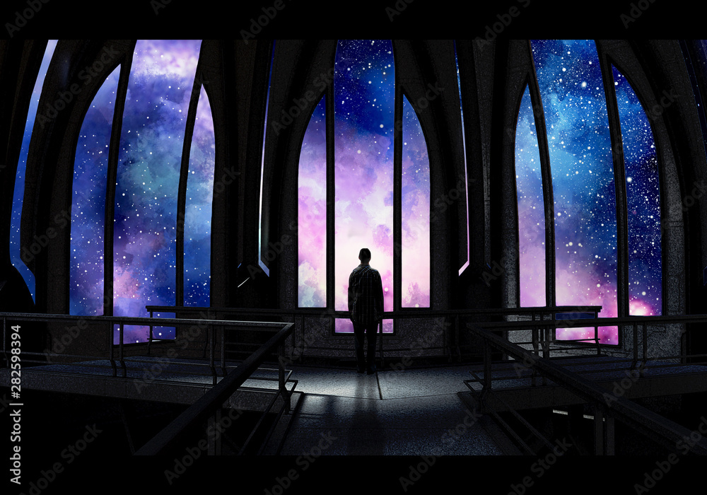 Artistic Digital Paint Of A Stand Alone Man In a Castle Looking At A Colorful Nebula View Artwork - obrazy, fototapety, plakaty 