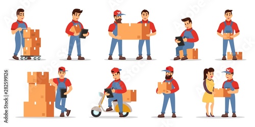 Vector set illustrating highlights of delivery services: counting price, checking order, transportation parcels with movers, loaders, motor scooter, cart, courier to client. Cartoon isolated on white.