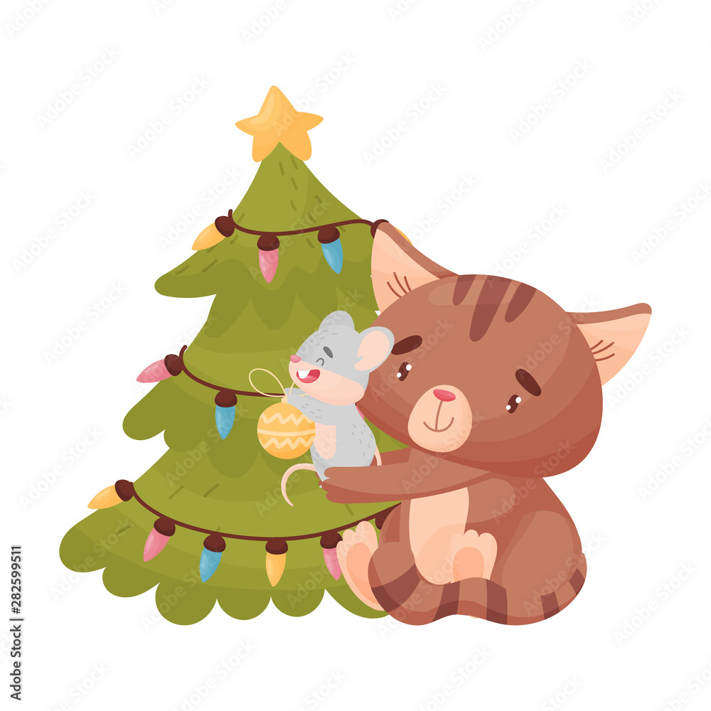 Cartoon mouse and cat decorate the Christmas tree. Vector illustration on white background. Cartoon mouse and cat decorate the Christmas tree. Vector illustration on white background.