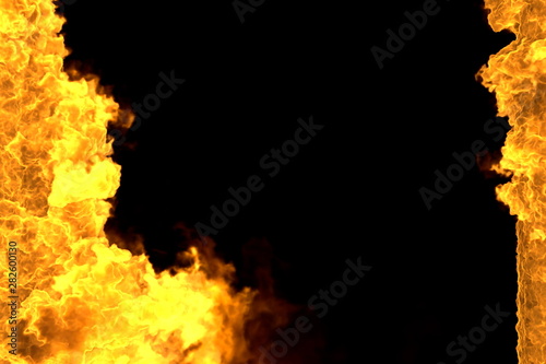 Fire 3D illustration of mystical blazing hell frame isolated on black - top and bottom are empty, fire lines from sides left and right