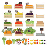 Set of vegetables and fruits in the boxes