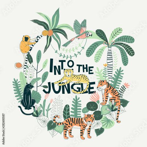 Exotic Tropical wildlife Typographic illustration with Tiger Panther Leopard Monkey Parrot Palm trees plants Into the jungle lettering Rainforest nature inspired summer t-shirt print for kids