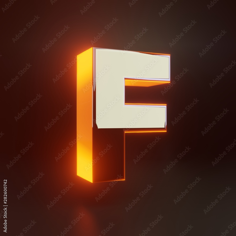3d letter F uppercase. Glowing glossy metallic font with orange lights isolated on black background.