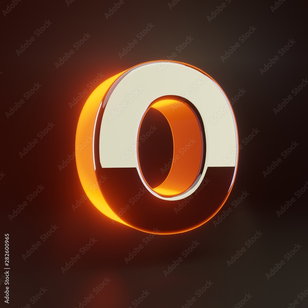 3d letter O uppercase. Glowing glossy metallic font with orange lights isolated on black background. 3d letter O uppercase. Glowing glossy metallic font with orange lights isolated on black background.