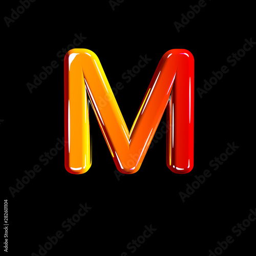 letter M of plastic orange shining font isolated on black background - 3D illustration of symbols