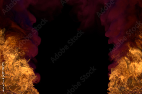 Flame from both picture bottom corners - fire 3D illustration of blazing fireplace, frame with dense smoke isolated on black background