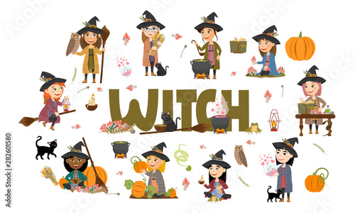 Cute witch set. Witches in black hats, dresses and cardigans gather mushrooms and herbs, brew potions, fly on a broomstick and make magic. Vector  © AnnstasAg