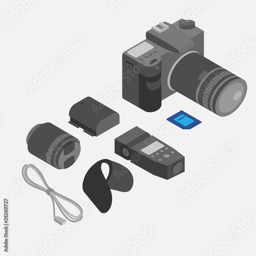 Isometric photography tools, Photostudio equipment set. Photo camera, lens, flashlight and battery