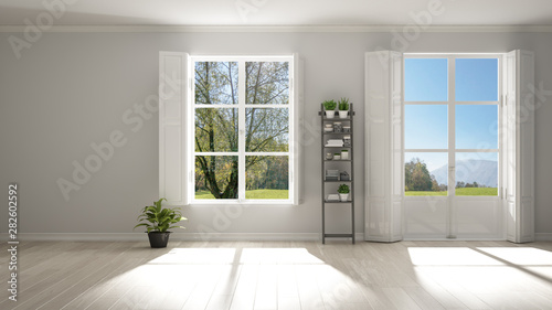 Stylish empty room with panoramic windows  parquet wooden floor  classic shutters  potted plants. White background with copy space  interior design concept. Green meadow landscape.