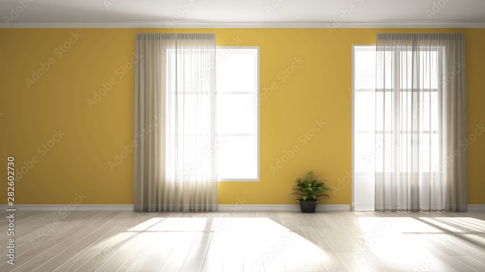 Stylish empty room with panoramic windows, parquet wooden floor, classic shutters, potted plants and decors. Yellow background with copy space, interior design concept idea Stylish empty room with panoramic windows, parquet wooden floor, classic shutters, potted plants and decors. Yellow background with copy space, interior design concept idea
