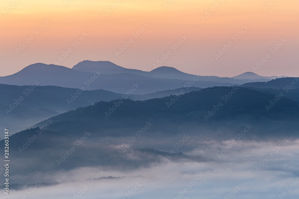 A landscape view of beautiful sunrise and sea of clouds at Anbandeogi of Gangneung,  South Korea.