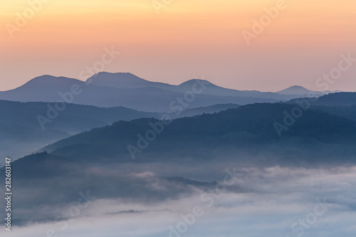 A landscape view of beautiful sunrise and sea of clouds at Anbandeogi of Gangneung, South Korea.