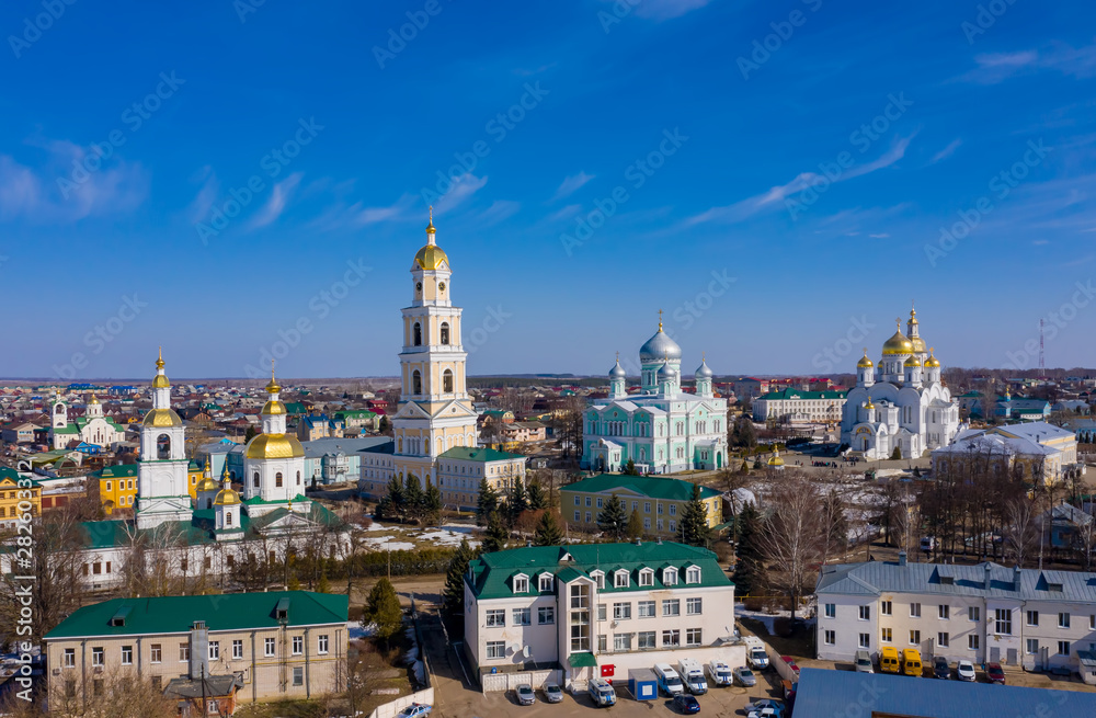 Fototapeta premium Winter aerial view of Diveyevo Convent or Holy Trinity-Saint Seraphim-Diveyevo Monastery in Diveevo