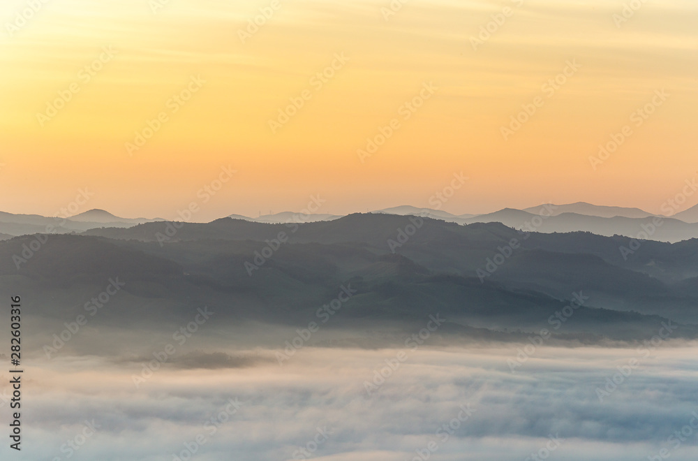A landscape view of beautiful sunrise and sea of clouds at Anbandeogi of Gangneung,  South Korea.