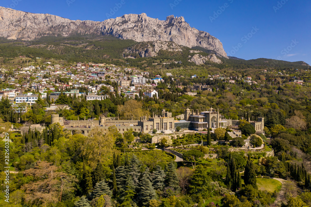 Panoramic aerial view of the Vorontsov Palace or the Alupka Palace, Yalta, Crimea