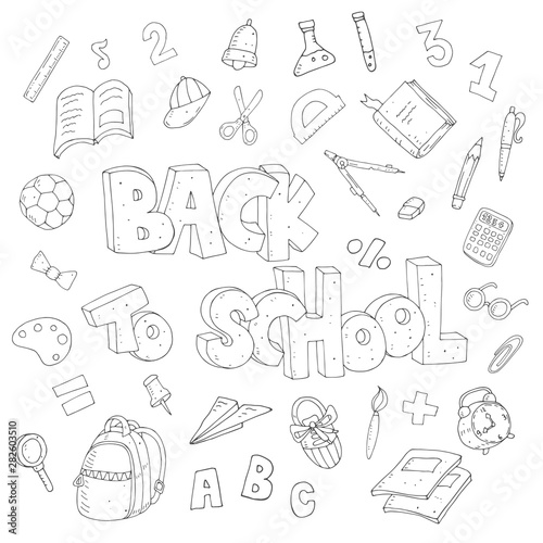 back to school. Cartoon set for children with thematic elements and inscription. vector illustration. 