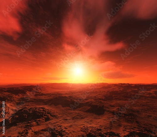 Red planet surface at sunset, Martian landscape