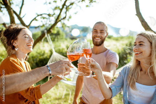 Sticker Young and cheerful friends having fun, clinking with wine glasses in the beautif