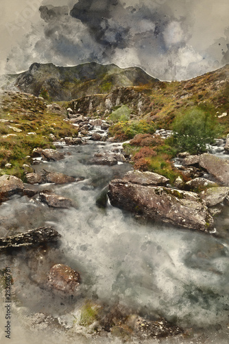 Digital watercolour painting of Moody landscape image of river flowing down mountain range near Llyn Ogwen and Llyn Idwal in Snowdonia in Autumn © veneratio