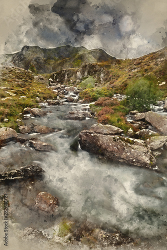 Digital watercolour painting of Moody landscape image of river flowing down mountain range near Llyn Ogwen and Llyn Idwal in Snowdonia in Autumn