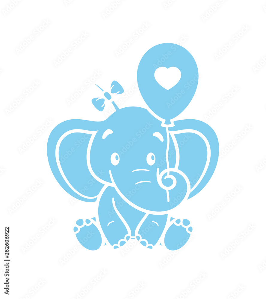Vector blue sitting baby elephant holding inflatable balloon with heart. Isolated on white background Vector blue sitting baby elephant holding inflatable balloon with heart. Isolated on white background
