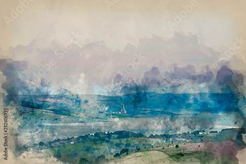 Digital watercolour painting of Beautiful dawn sunrise landscape image from Higger Tor towards Hope Valley layered in fog in Summer in Peak District England