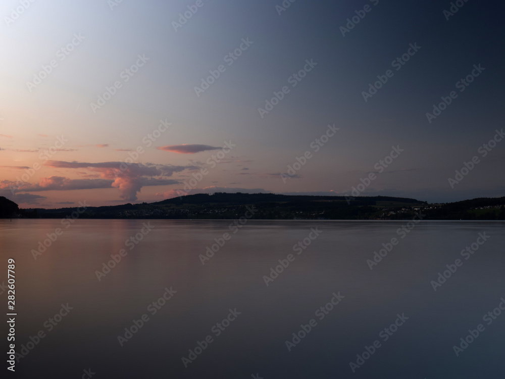 view of the lake after sunset, moonrise, beautiful colors