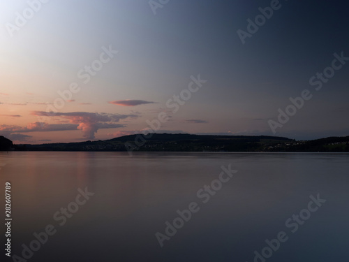 view of the lake after sunset, moonrise, beautiful colors