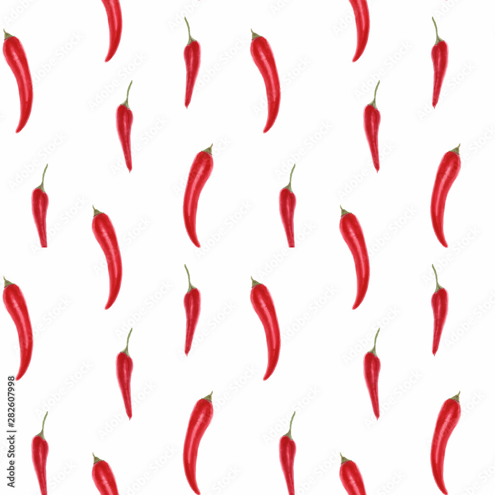 Traced watercolor seamless pattern with red pepper