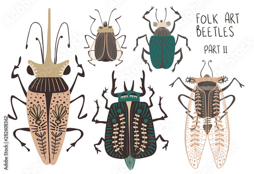 Set Of Folk Art Decorated Beetles.