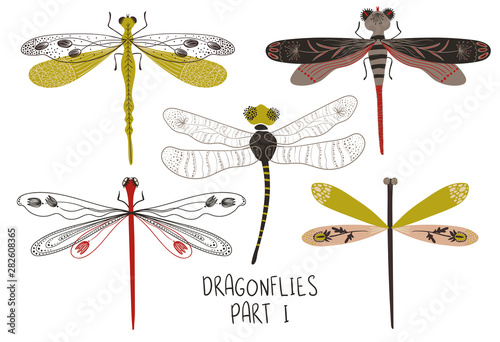 Set Of Folk Art Decorated Dragonflies.