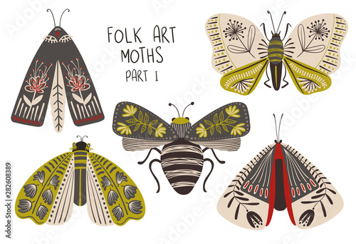 Canvas Print Set Of Folk Art Decorated Moths.