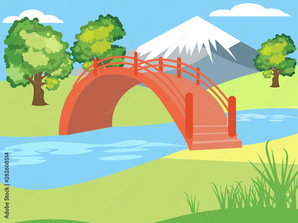 Japanese garden, nature, park. Mountain background. Bright, children drawing,  color. In minimalist style. Cartoon flat vector Stock Vector | Adobe Stock